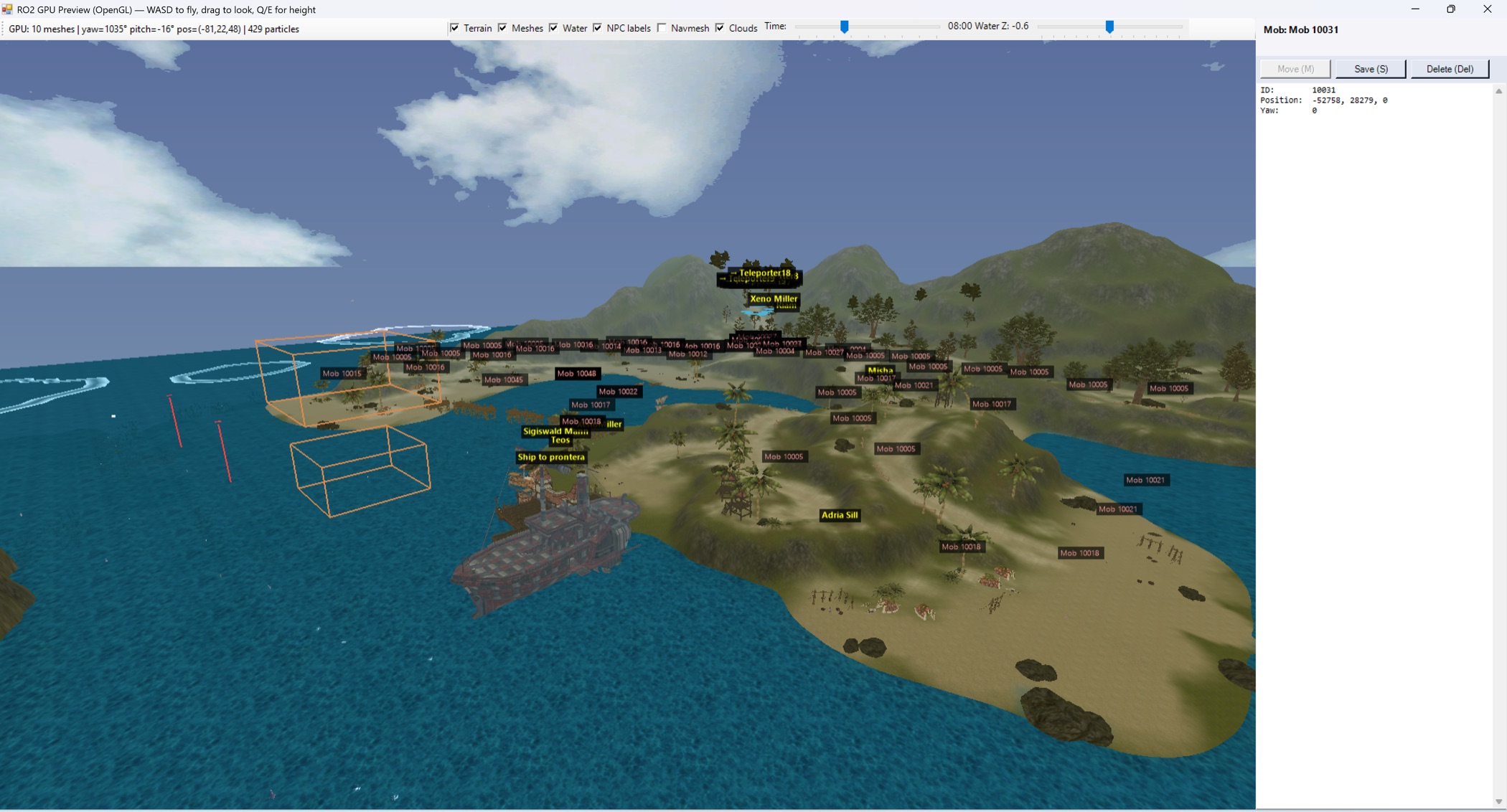 OpenGL map editor overview with island terrain, water, labels, placement boxes, and inspector panel.